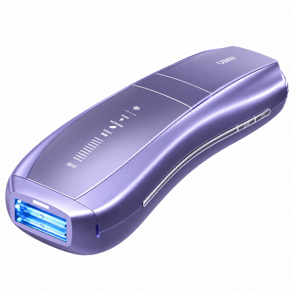A purple handheld beauty device, likely a laser hair removal pen, with a blue illuminated USB-A port on one end and white printed control icons on the top surface.
