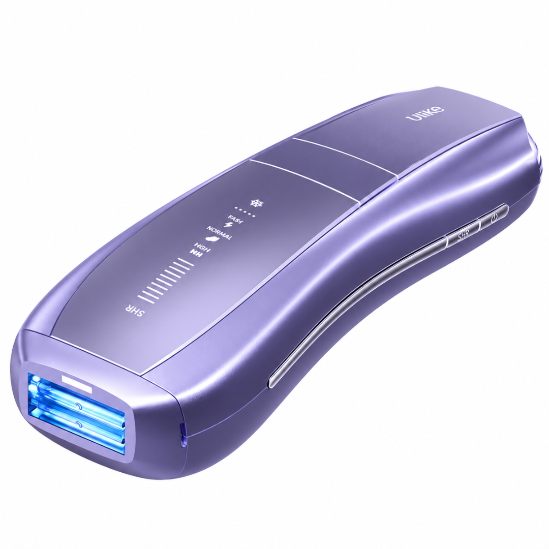 A purple handheld beauty device, likely a laser hair removal pen, with a blue illuminated USB-A port on one end and white printed control icons on the top surface.