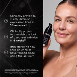 Woman holding a Medik8 serum with text on clinical benefits on the left