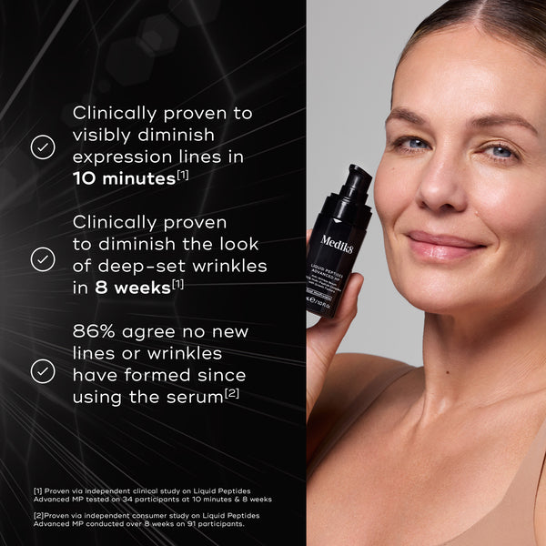 Woman holding a Medik8 serum with text on clinical benefits on the left