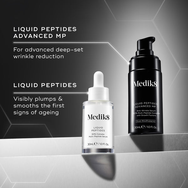 Medik8 Liquid Peptides skincare products on a gray background