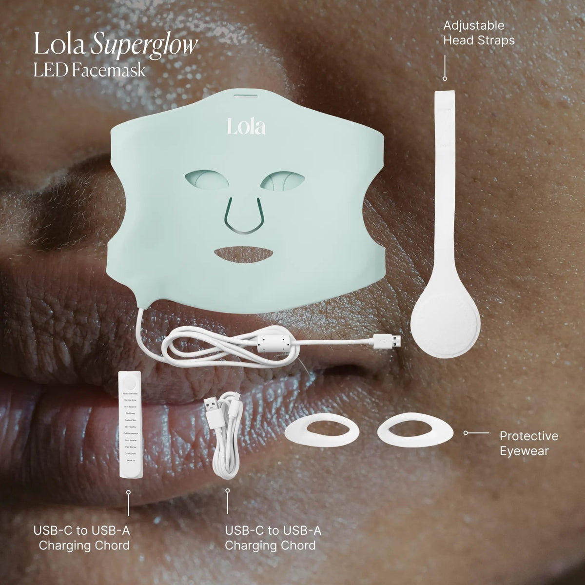 Lola Superglow LED face mask kit shown over a close-up of a person's face, with labeled accessories including adjustable head straps, a USB-C to USB-A charging cord, protective eyewear, and two additional charging cords.