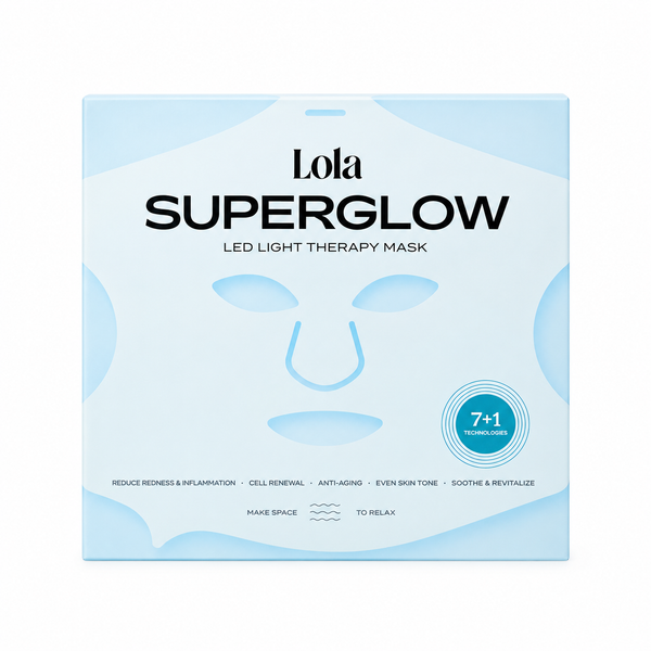 Lola SuperGlow LED Light Therapy Mask packaging box in light blue and white, featuring a minimalist face mask outline and a circular badge indicating 7+1 technologies.