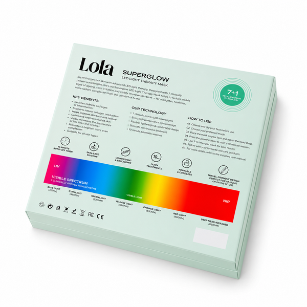 A mint green box of Lola Superglow LED Light Therapy Mask, shown at an angle on a white background. The packaging features detailed product information, a prominent multicolor spectrum bar, and a circular green badge indicating '7+1 Sessions'.