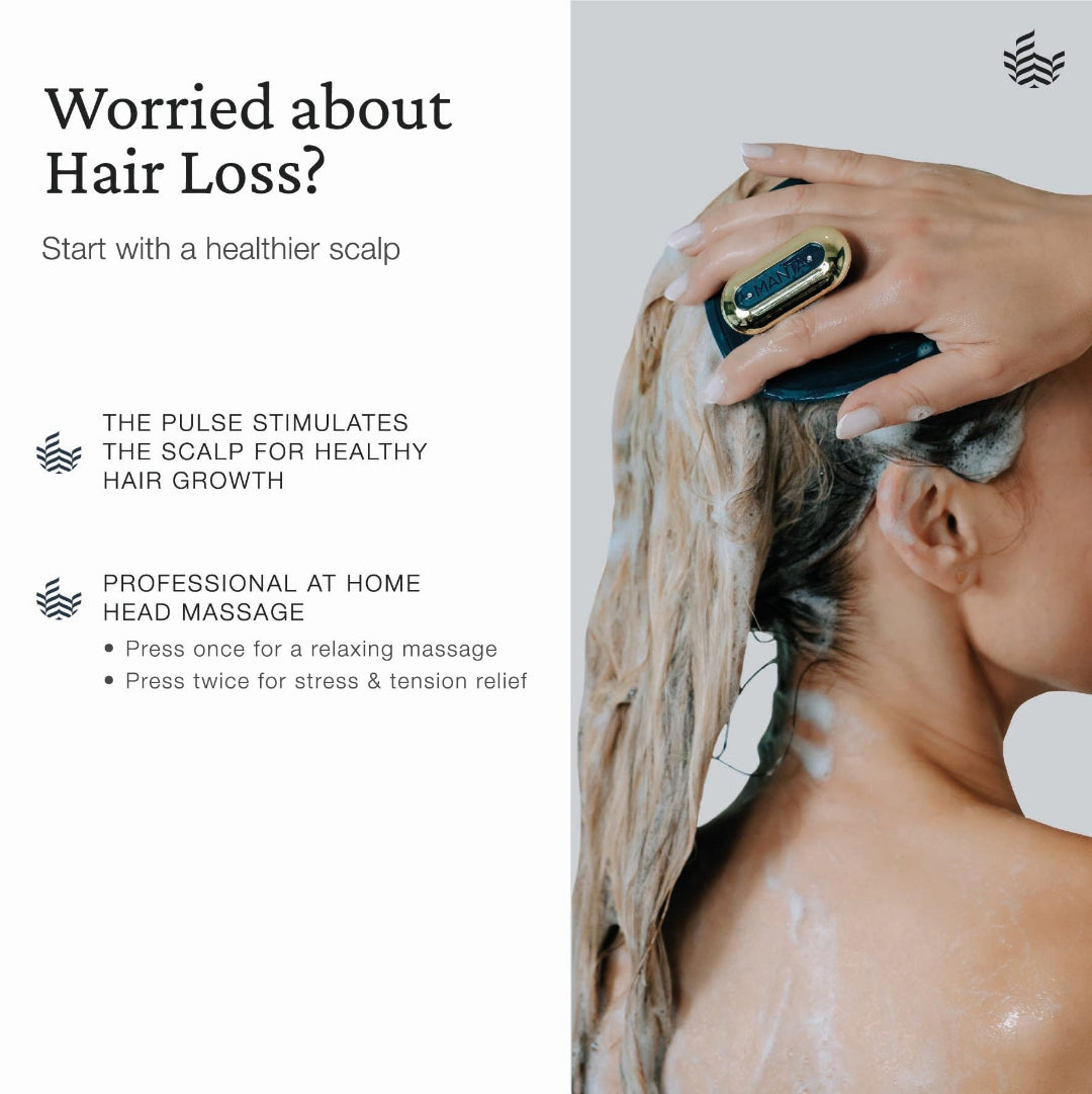 Promotional graphic for a scalp massage device. The left side features text reading 'Worried about Hair Loss?' and product benefits on a white background.