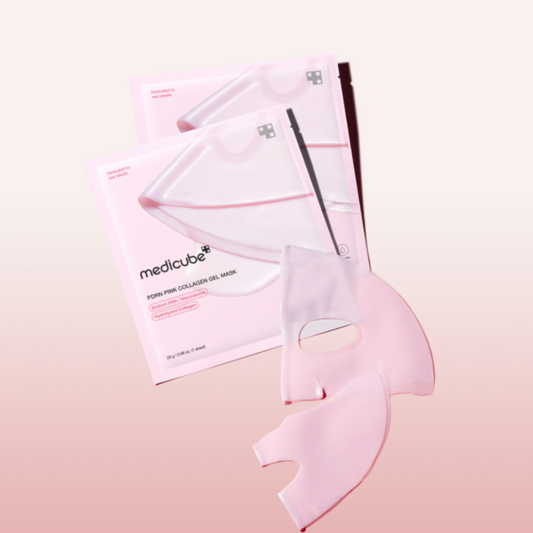 Pink collagen gel mask with packaging on a light pink background