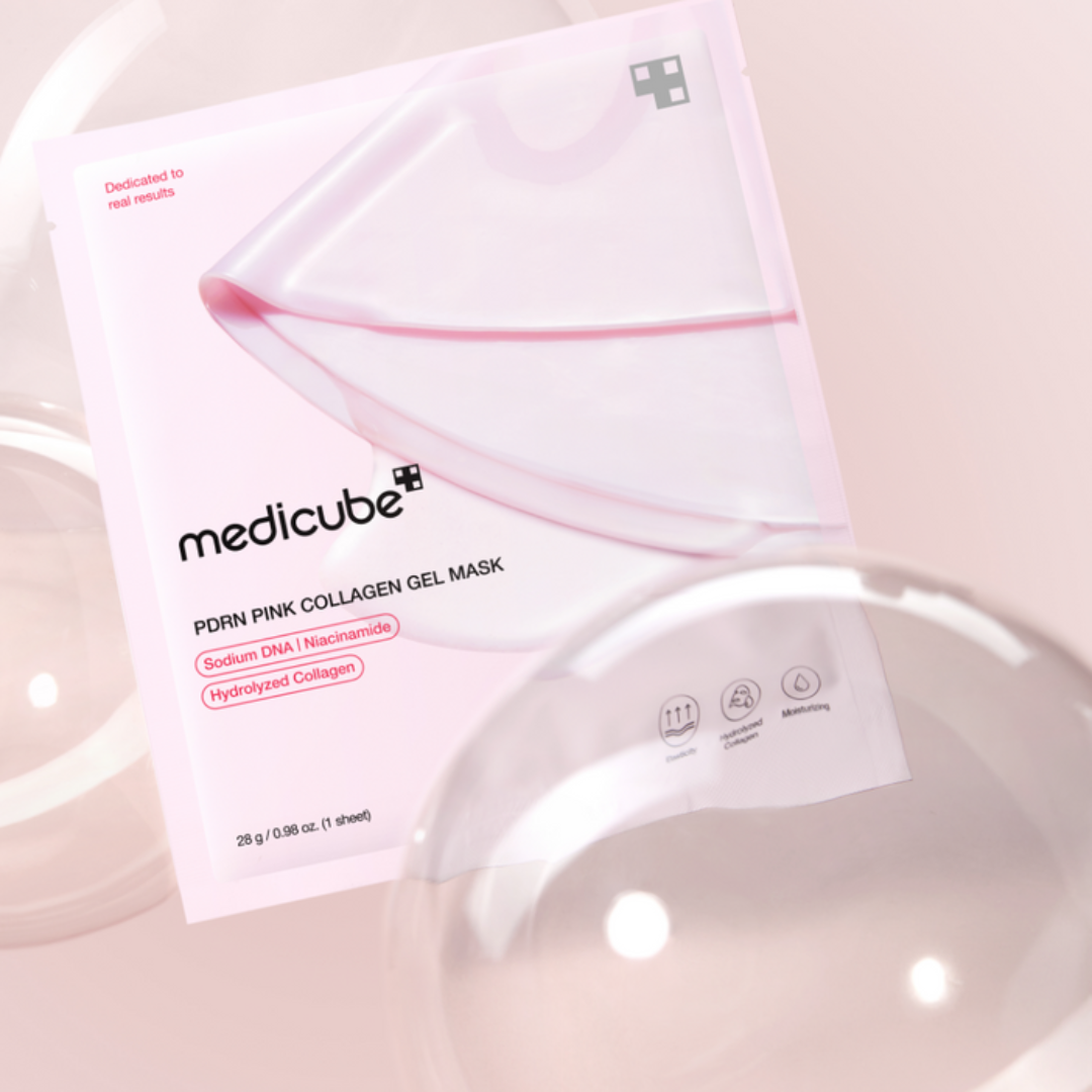 Medicube pink collagen gel mask packaging on a light pink background