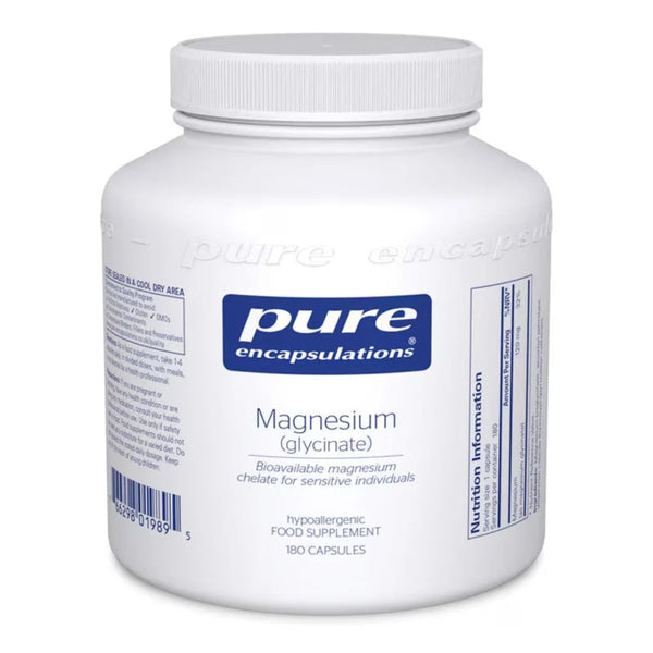 A white plastic bottle of Pure Encapsulations Magnesium (glycinate) dietary supplement, containing 180 capsules, shown on a plain white background.