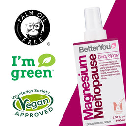 Body spray bottle labeled 'BetterYou Magnesium Menopause' with logos for palm oil free, I'm green, Vegetarian Society, and Vegan Approved on a white background.