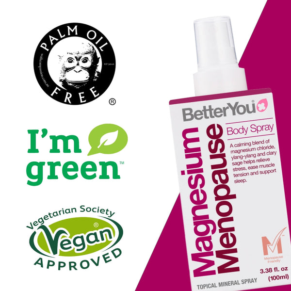 Body spray bottle labeled 'BetterYou Magnesium Menopause' with logos for palm oil free, I'm green, Vegetarian Society, and Vegan Approved on a white background.