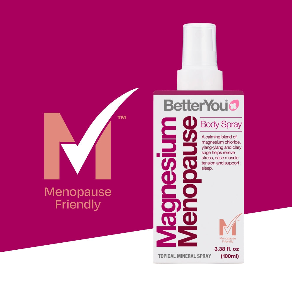 BetterYou Magnesium Menopause Body Spray on a pink background with 'Menopause Friendly' logo.