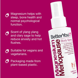 BetterYou magnesium menopause spray bottle on a pink background with product features listed.