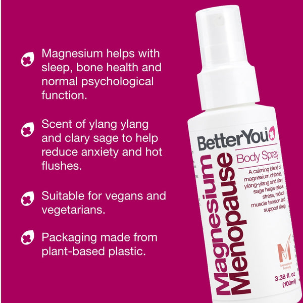 BetterYou magnesium menopause spray bottle on a pink background with product features listed.