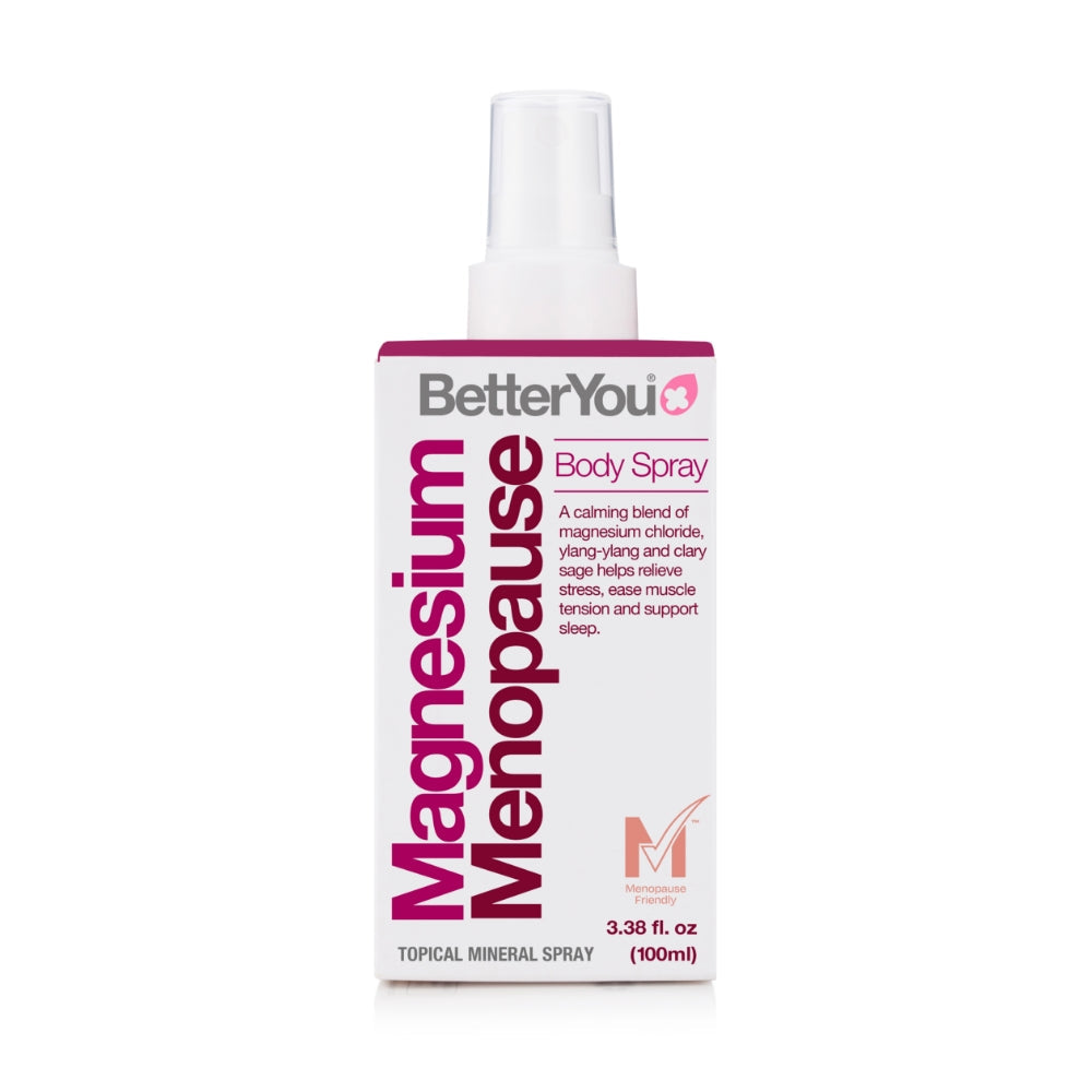 BetterYou Magnesium Menopause Body Spray bottle on a white background