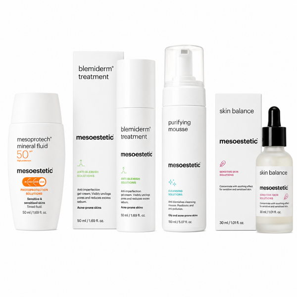 Six Mesoestetic skincare products from their Skin Barrier Collection arranged on a white background, including mineral fluid, blueberry solutions, purifying mousse, and skin balance treatment.