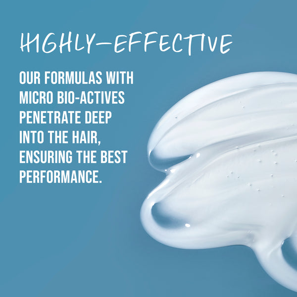 Text about highly-effective hair care formulas with micro bio-actives on a blue background