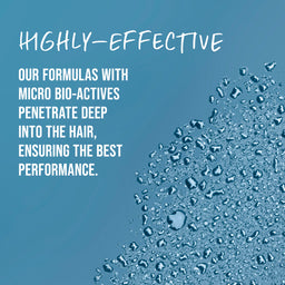 Text about highly-effective hair formulas with micro bio-actives on a blue background with water droplets.