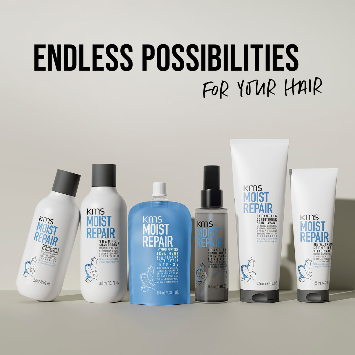 KMS Moist Repair hair care products on a neutral background with 'Endless Possibilities For Your Hair' text.