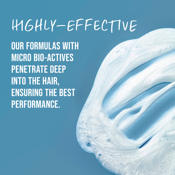 Text about highly-effective hair formulas with micro bio-actives on a blue background with a close-up of white hair product.