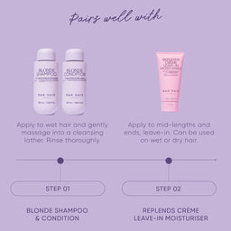 Hair care product lineup with application instructions on a purple background