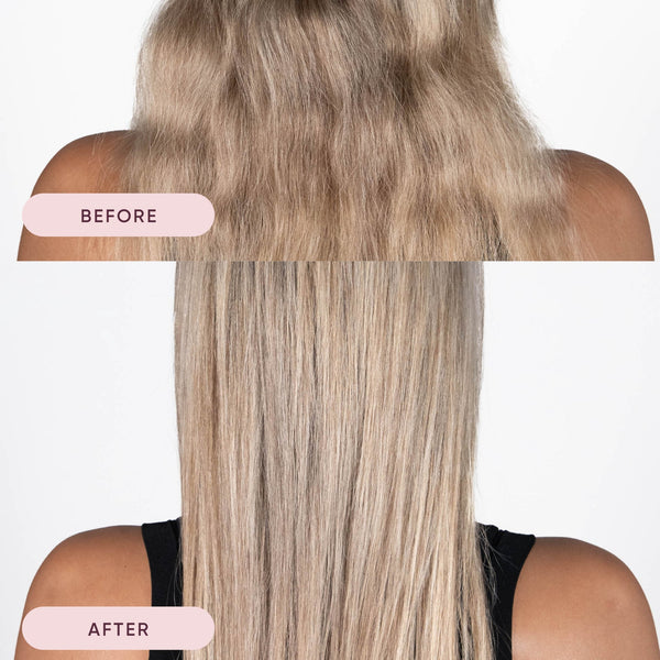 Before and after comparison of hair color treatment on a person with blonde hair.