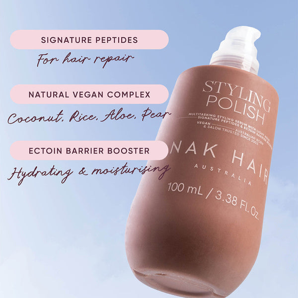 Nak Hair Styling Polish bottle with product details on a light blue background