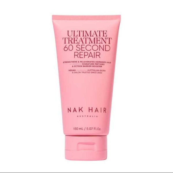 A pink squeeze tube of NAK HAIR Ultimate Treatment 60 Second Repair hair serum, centered on a plain white background.