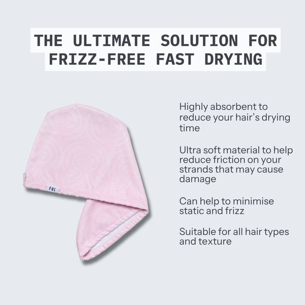 Pink hair towel with text on a gray background