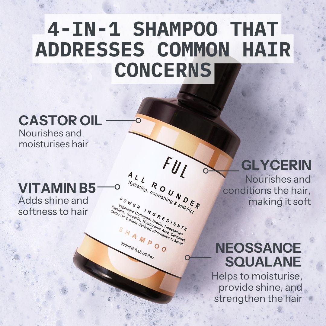 FUL All Rounder shampoo bottle with text highlighting ingredients and benefits on a textured background