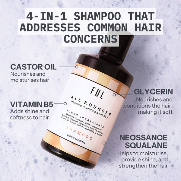 FUL All Rounder shampoo bottle with text highlighting ingredients and benefits on a textured background