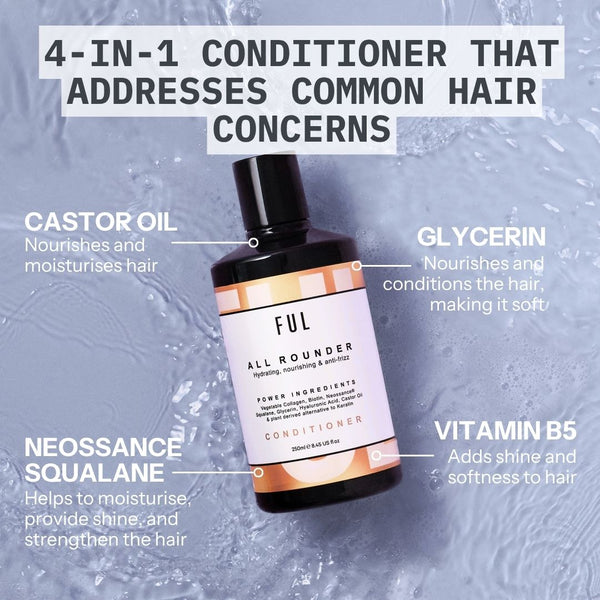 FUL All Rounder conditioner bottle with ingredients highlighted on a textured background