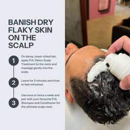 Promotional graphic for a scalp treatment. The left side has a light gray panel with the text 'BANISH DRY FLAKY SKIN ON THE SCALP' and three numbered steps showing how to apply a white foam treatment to dry hair.