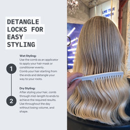 A split informational graphic for a hair detangling comb. The left side has a light gray panel with the text 'DETANGLE LOCKS FOR EASY STYLING' and two numbered steps explaining wet and dry styling.