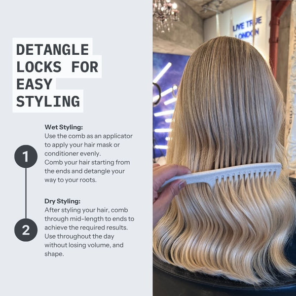 A split informational graphic for a hair detangling comb. The left side has a light gray panel with the text 'DETANGLE LOCKS FOR EASY STYLING' and two numbered steps explaining wet and dry styling.