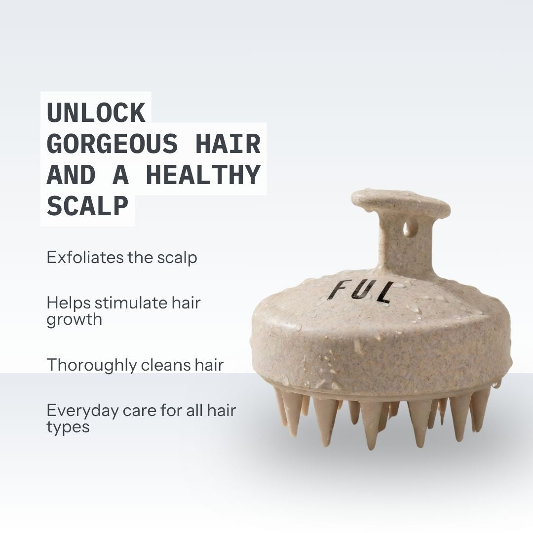 Hair exfoliation tool with text on a light gray background