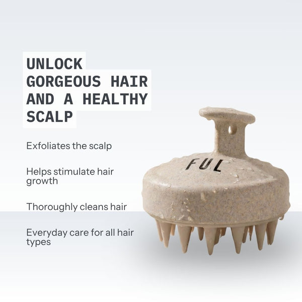 Hair exfoliation tool with text on a light gray background