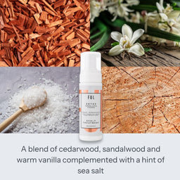 A bottle of FUL Detox Scalp Treatment centered over a collage of natural ingredients, including cedarwood chips, white flowers, sea salt, and wood grain. Text below reads: 'A blend of cedarwood, sandalwood and warm vanilla complemented with a hint of sea salt.