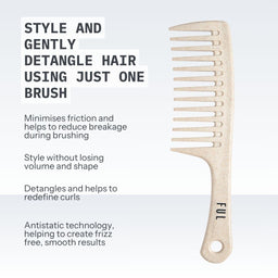 A light natural wood hair detangler comb shown on a pale blue-to-white gradient background with promotional text describing benefits such as detangling hair with one brush.