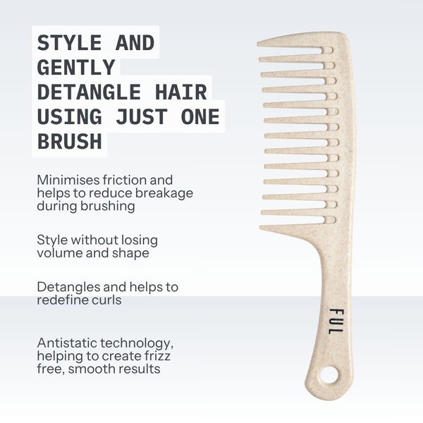 A light natural wood hair detangler comb shown on a pale blue-to-white gradient background with promotional text describing benefits such as detangling hair with one brush.
