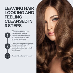 Promotional graphic for a hair cleansing product showing a woman with long, glossy brown hair on the right and text on the left explaining a three-step hair cleansing process.