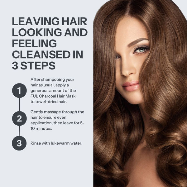 Promotional graphic for a hair cleansing product showing a woman with long, glossy brown hair on the right and text on the left explaining a three-step hair cleansing process.