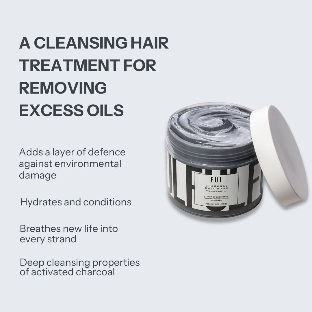 A jar of Ful Clarity Charcoal Cleansing Hair Treatment with its white lid leaning against it, shown on a light gray background with descriptive text about removing excess oils and environmental protection.
