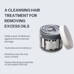 A jar of Ful Clarity Charcoal Cleansing Hair Treatment with its white lid leaning against it, shown on a light gray background with descriptive text about removing excess oils and environmental protection.