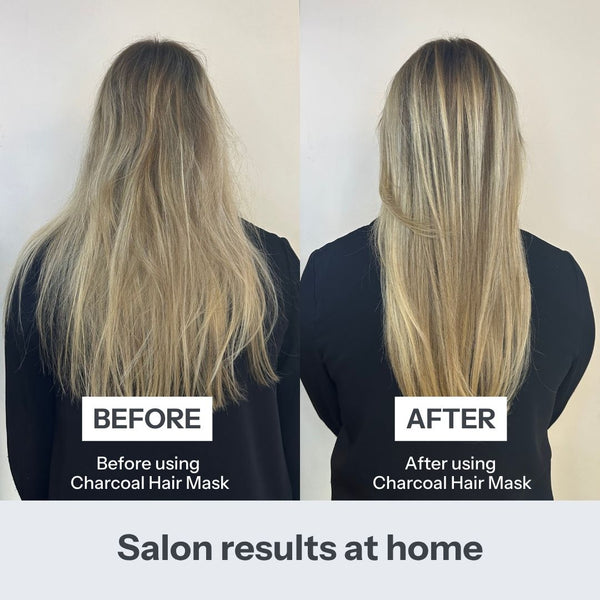 Before and after comparison of a person's long blonde hair, showing frizzy, uneven hair on the left labeled 'BEFORE' and smoother, shinier, more even hair on the right labeled 'AFTER'. Text at the bottom reads 'Salon results at home' and states 'Before using Charcoal Hair Mask' and 'After using Charcoal Hair Mask'.
