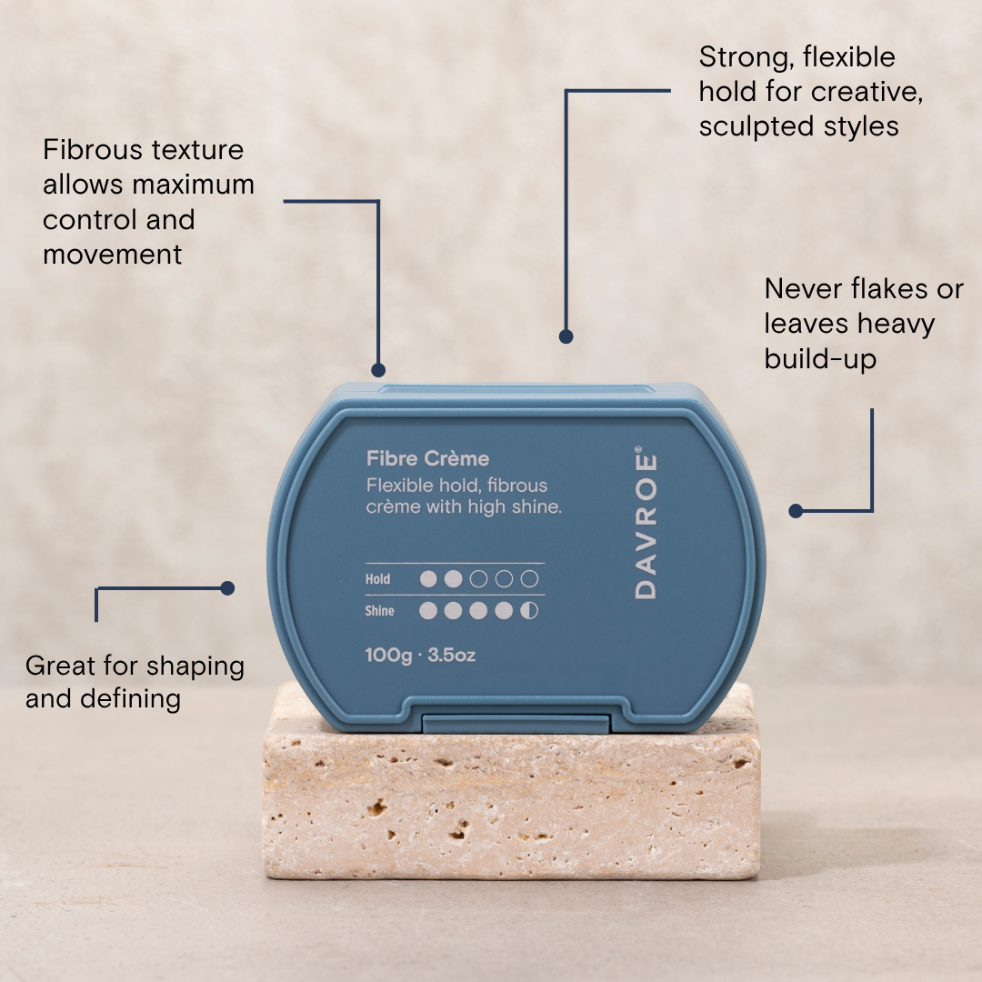 Blue container of Davroe Fibre Crème on a beige background with text describing its features.