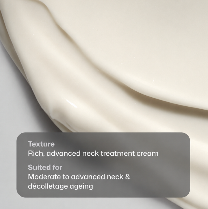 A close-up of thick, creamy off-white skincare cream with a semi-transparent dark gray text box overlay describing it as a rich, advanced neck treatment cream.