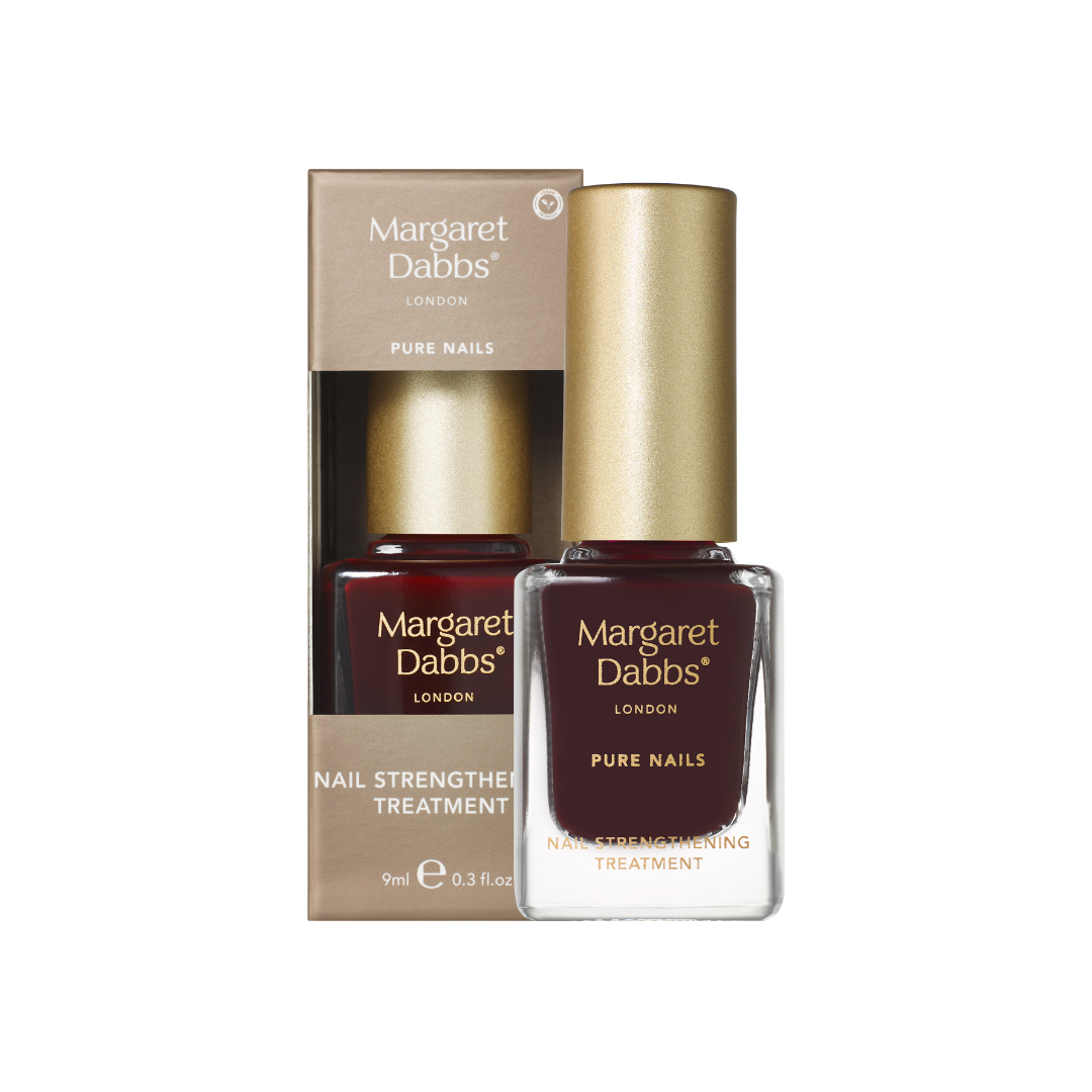 Margaret Dabbs London Pure Nails Nail Strengthener Treatment shown with its gold cap bottle and matching beige packaging box on a white background.