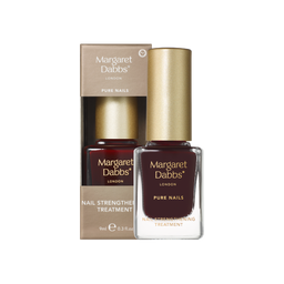 Margaret Dabbs London Pure Nails Nail Strengthener Treatment shown with its gold cap bottle and matching beige packaging box on a white background.