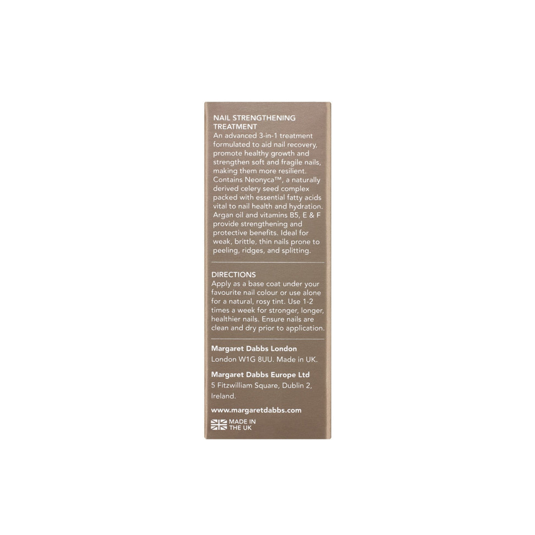 Nail strengthening treatment packaging with text on a white background