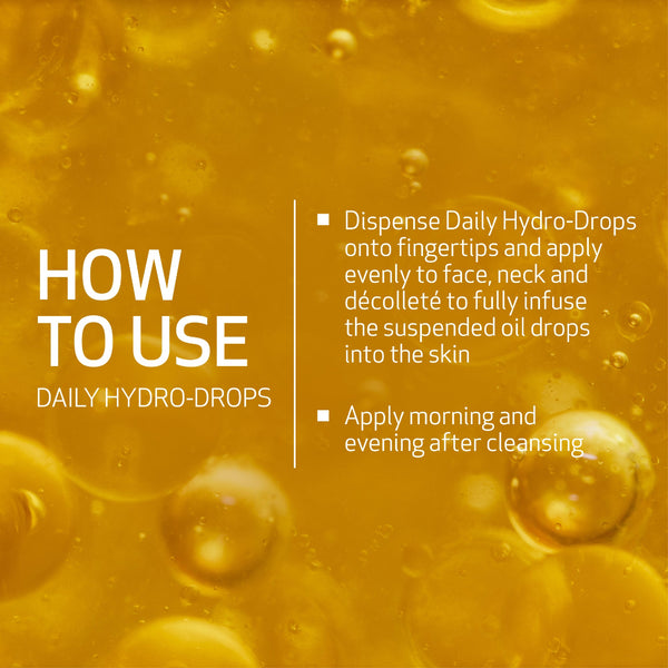 Instructions for using Daily Hydro-Drops with a close-up of oil droplets on a yellow background.